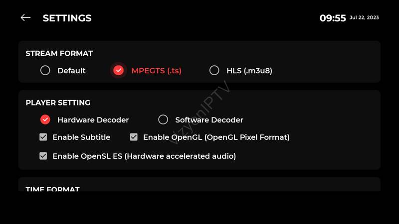 xtream iptv player settings ekranı